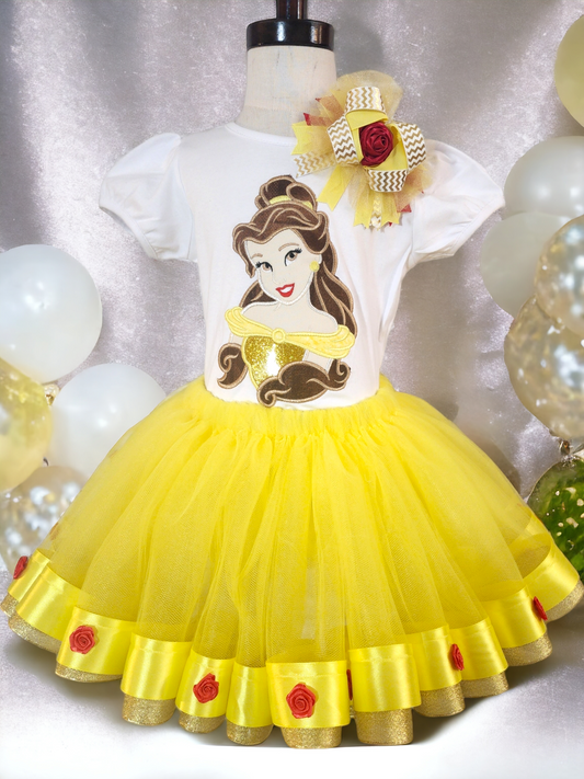 Belle Outfit, Beauty and the Beast, yellow tutu outfit, Belle embroidered top, Birthday outfit, Party outfit