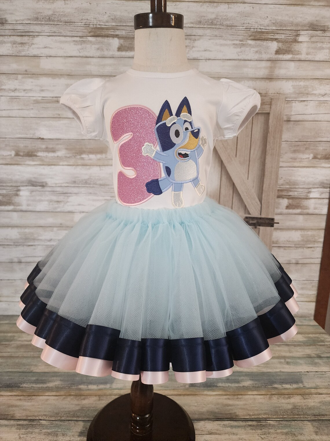 Blue heeler outfit, themed birthday outfit, party outfit, blue dog embroidered top, pink glitter