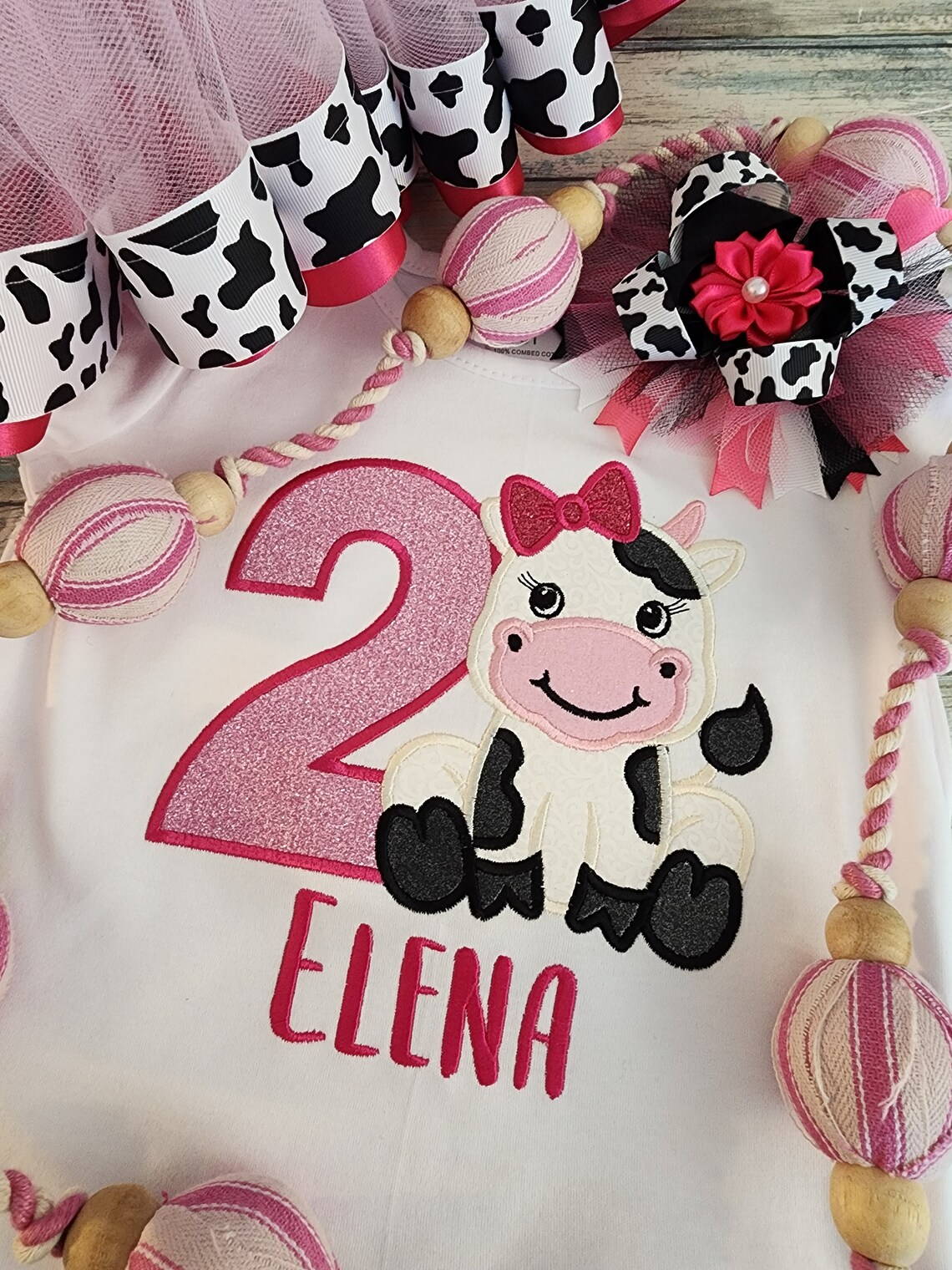Cow birthday theme, cow ribbon tutu outfit, personalized pink cow top, farm theme, cow hair bow, cow print birthday